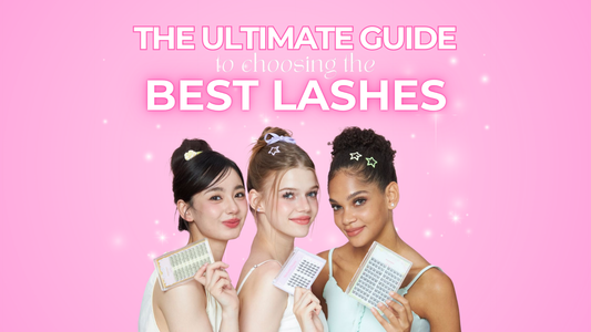 Three girls holding false lashes and wearing the respective styles with text above their head stating the ultimate guide to choosing the best lashes