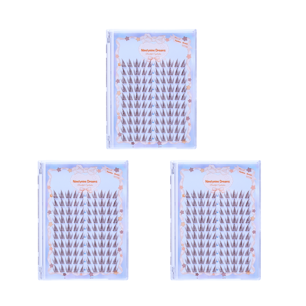 Front view of Ninetynine Dreams’ 100PCs Fantasy Lashes in Brown, presented in a 3-pack. The image highlights the lashes’ soft brown hue, wispy texture, and spiky design, offering a natural yet dramatic look for the eyes.