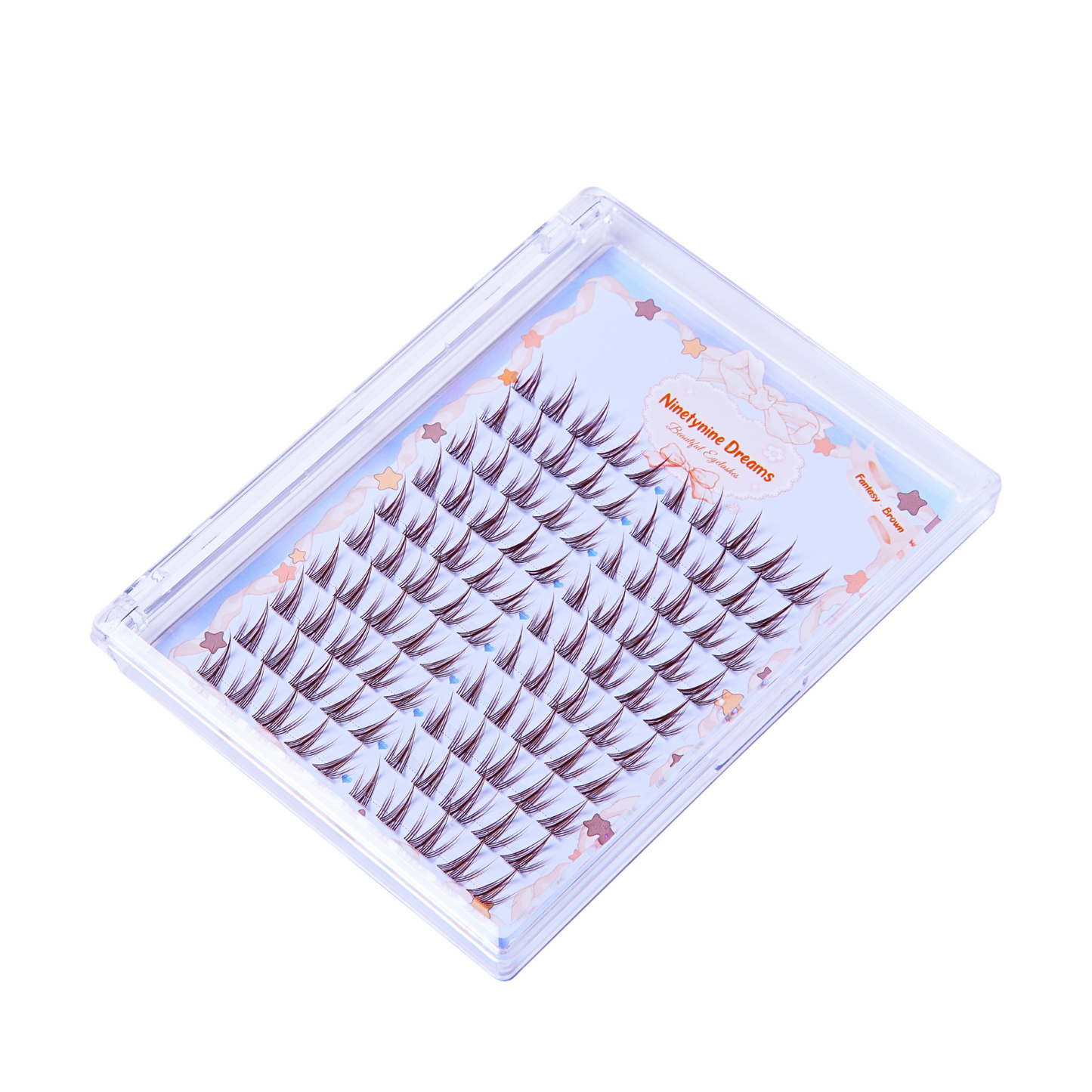 Overhead and side view of Ninetynine Dreams’ 100PCs Fantasy Lashes in Brown, showcasing the wispy, spiky lash design with a soft brown hue. The image highlights the individual lash clusters and the natural, voluminous effect they create when applied.