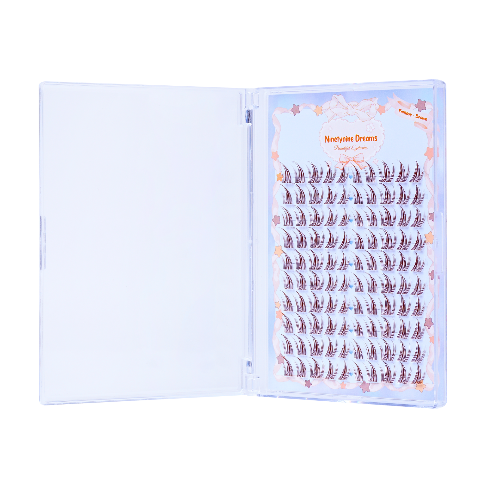 View of Ninetynine Dreams’ 100PCs Fantasy Lashes in Brown, standing up inside the opened case. The lashes are neatly arranged, showcasing their spiky, wispy design and soft brown color, ready for easy application.
