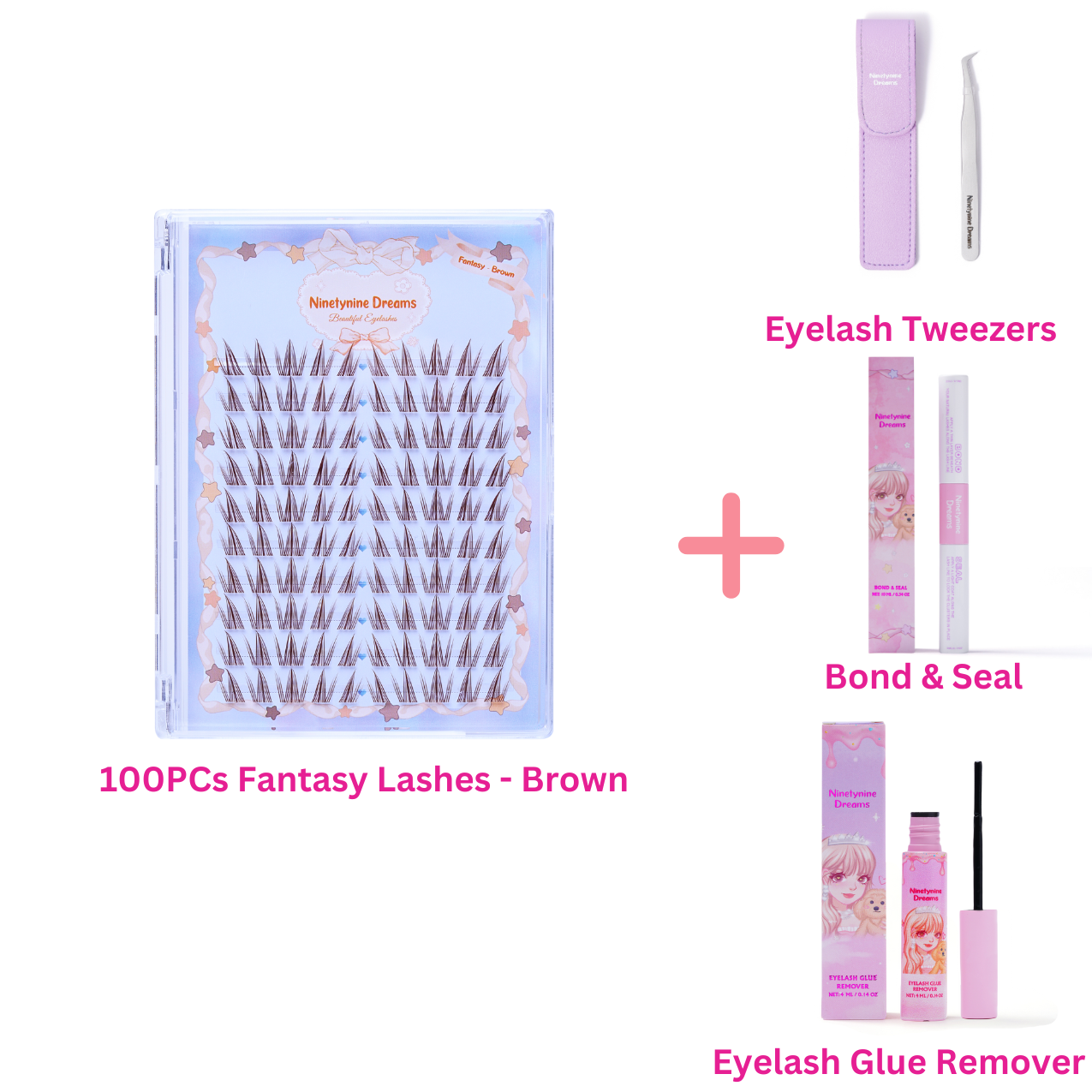 One pack of Ninetynine Dreams’ 100PCs Fantasy Lashes in Brown, accompanied by purple tweezers, bond and seal, and lash remover. The accessories complement the lashes, ensuring easy application and safe removal for a flawless lash experience.