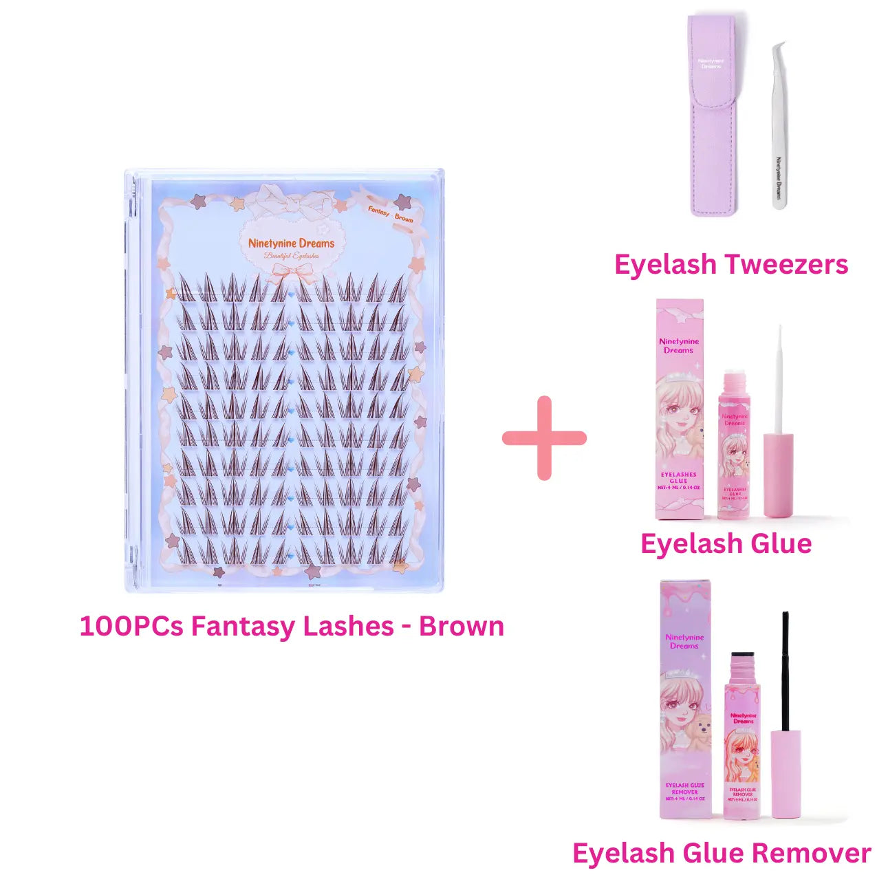 One pack of Ninetynine Dreams’ 100PCs Fantasy Lashes in Brown, accompanied by purple tweezers, lash glue, and lash remover. The accessories complement the lashes, ensuring easy application and safe removal for a flawless lash experience.