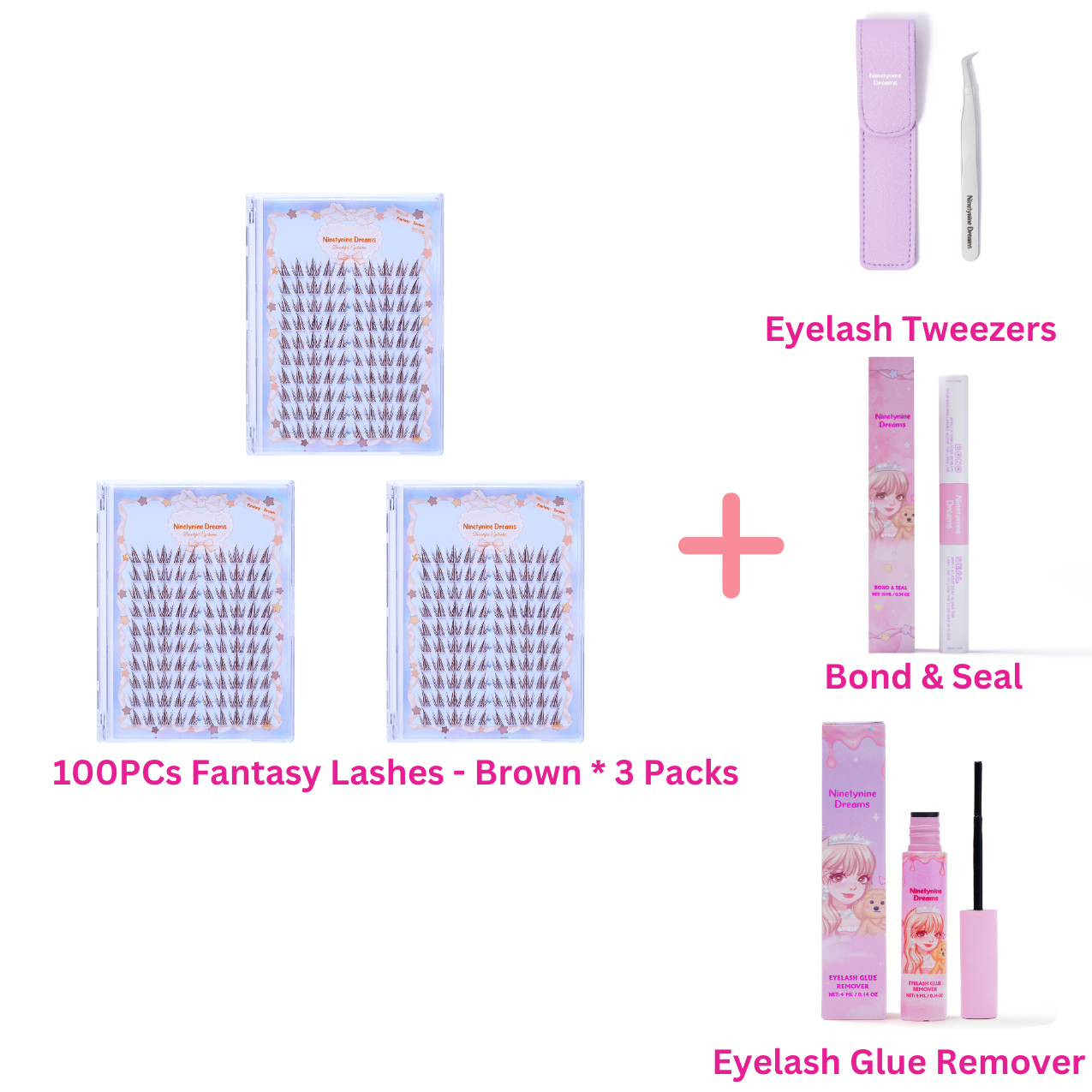 Three packs of Ninetynine Dreams’ 100PCs Fantasy Lashes in Brown, accompanied by purple tweezers, bond and seal, and lash remover. The accessories complement the lashes, ensuring easy application and safe removal for a flawless lash experience.