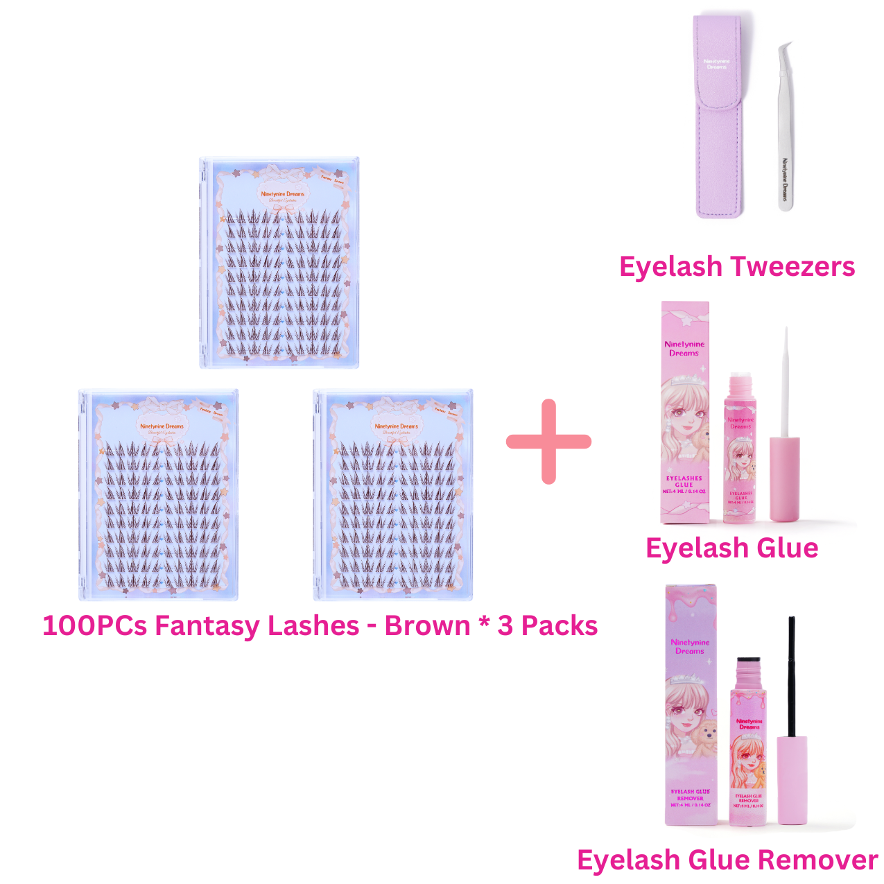 Three packs of NinetyNine Dreams’ 100PCs Fantasy Lashes in Brown, accompanied by purple tweezers, lash glue, and lash remover. The accessories complement the lashes, ensuring easy application and safe removal for a flawless lash experience.