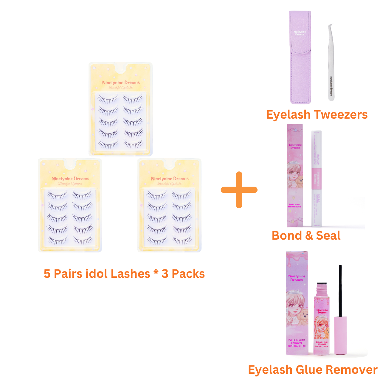 Photo of Ninetynine Dreams 5 Pairs idol Strip Lashes three-pack set, paired with bond and seal, precision tweezers, and lash remover—creating a full lash application kit ideal for convenience and flawless styling.