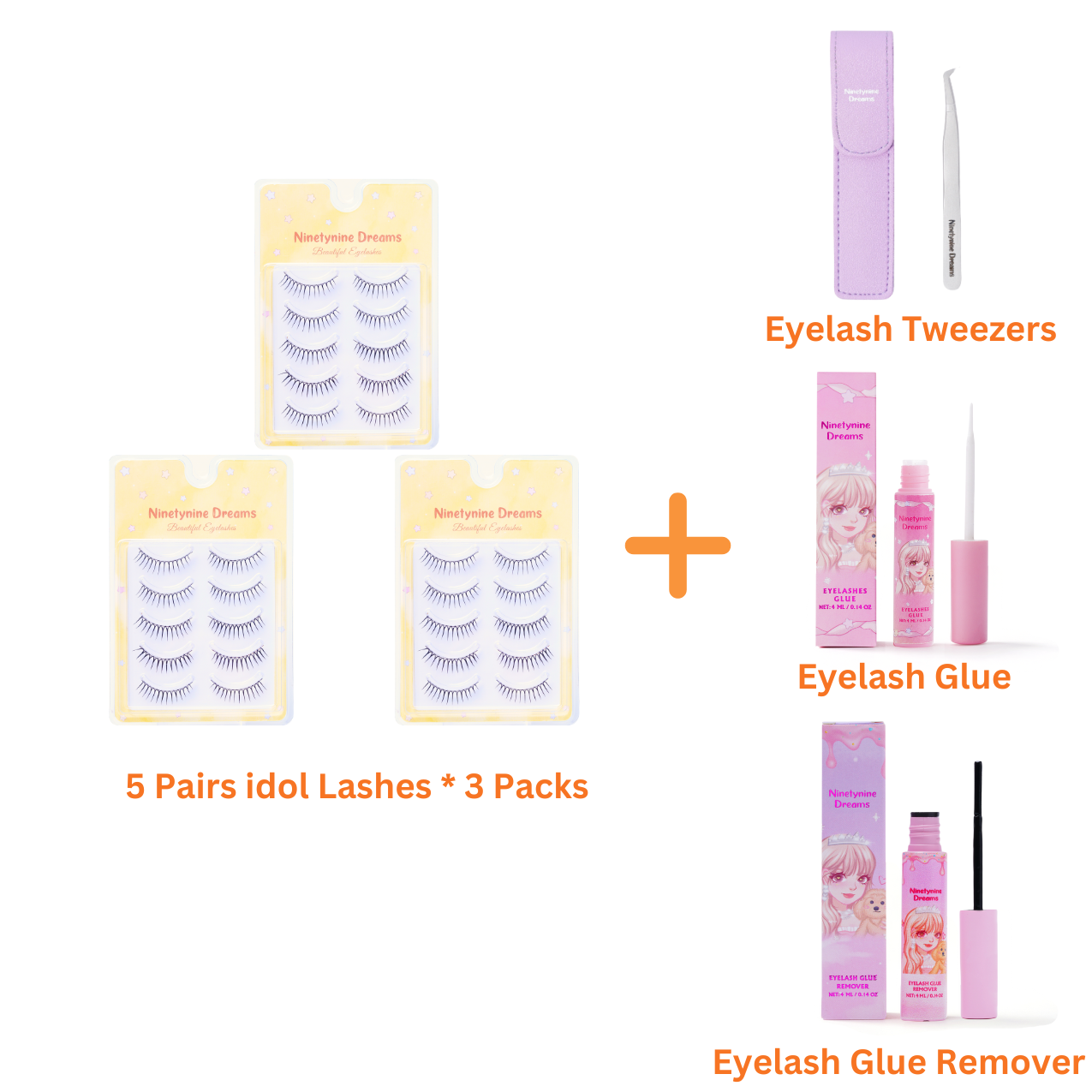 Photo of Ninetynine Dreams 5 Pairs idol Strip Lashes three-pack set, paired with lash glue, precision tweezers, and lash remover—creating a full lash application kit ideal for convenience and flawless styling.