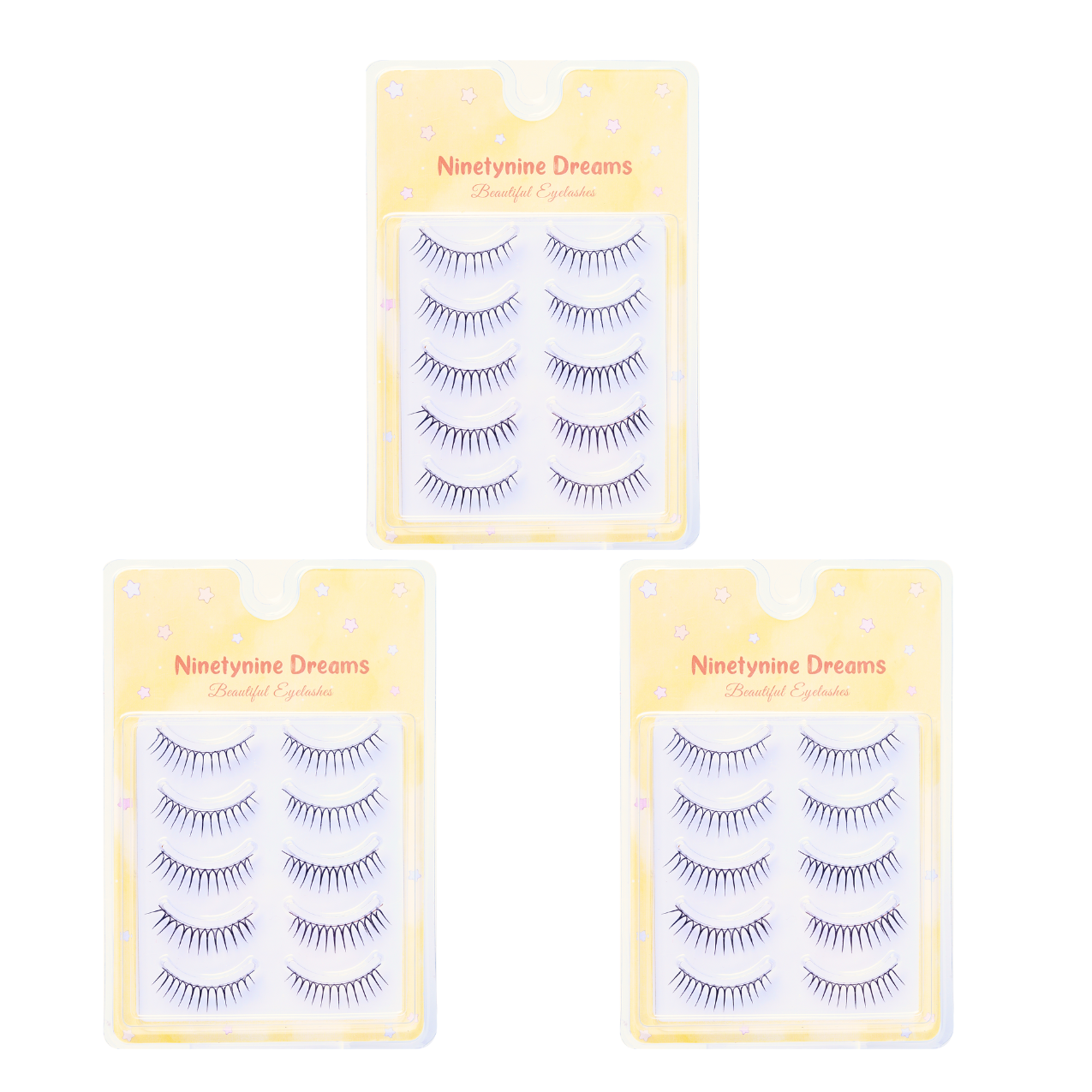 Photo of Ninetynine Dreams 5 Pairs idol Strip Lashes in a three-pack set, neatly arranged in sleek packaging, showcasing the spiky, natural design perfect for achieving a K-pop inspired eye look.