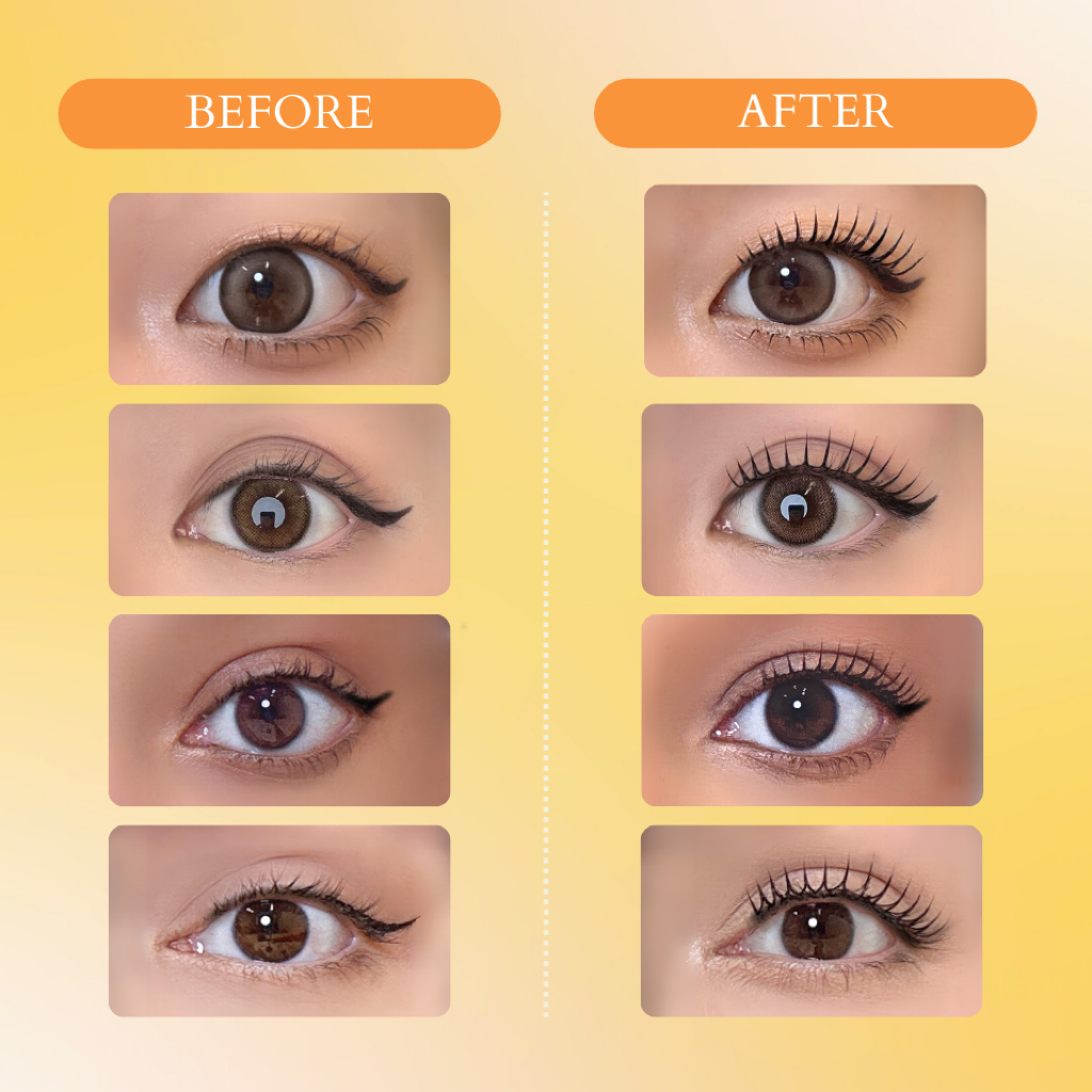 Before and after comparison of Ninetynine Dreams 5 Pairs idol Strip Lashes on four different eye shapes, showcasing the natural lift, definition, and spiky K-pop inspired effect the lashes provide across diverse eyes.