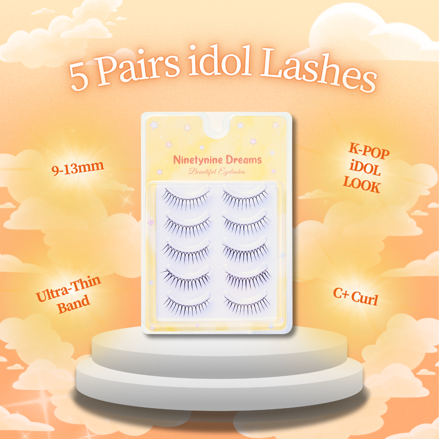 Infographic of Ninetynine Dreams 5 Pairs idol Strip Lashes against a vibrant yellow-orange background, featuring the lashes displayed on a podium with highlighted key features such as spiky design, C+ curl, natural volume, and K-pop inspired style