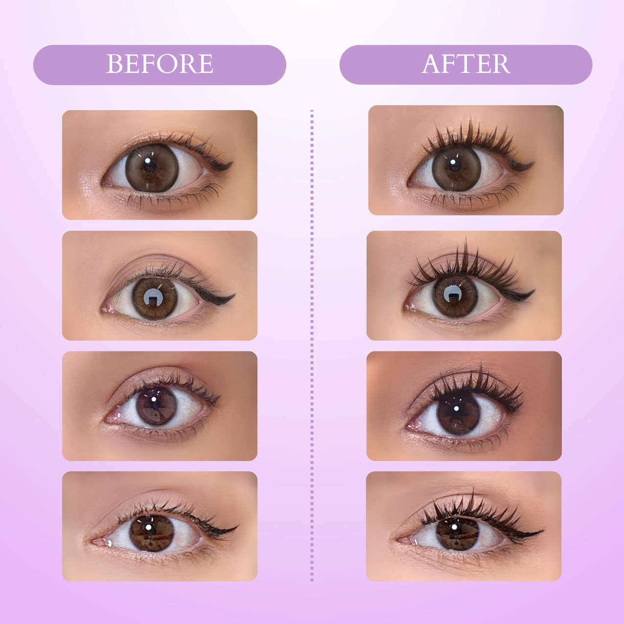 Side-by-side comparison showing the eye before and after applying NinetyNine Dreams’ 90PCs Starluxe Lashes in Brown. The “before” side shows a natural eye without lashes, while the “after” highlights a soft yet defined transformation with warm, wispy lashes that enhance the eye’s shape. The brown tone offers a subtle, natural finish with a lifted C+ curl and spiky design for a dreamy, starry-eyed look.