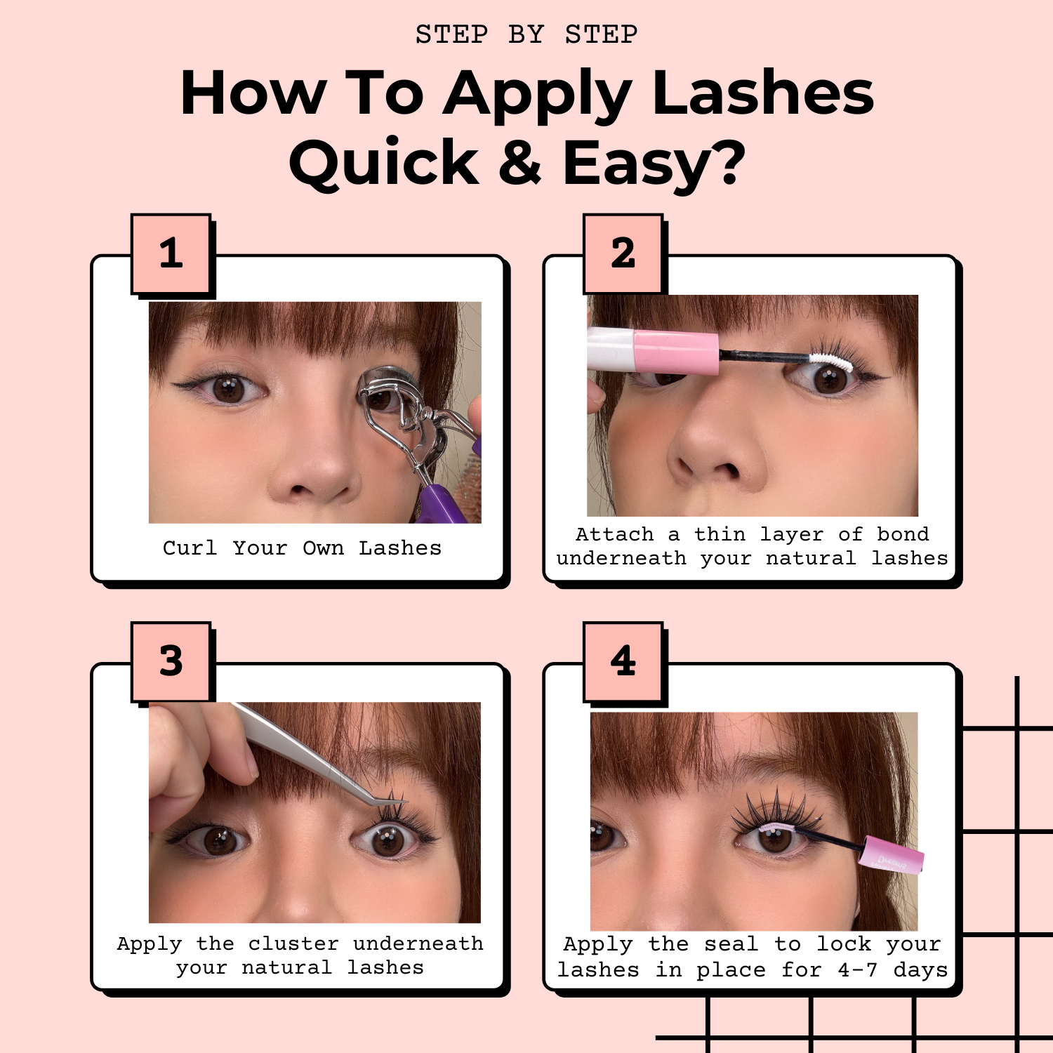 Infographic outlining how to apply false lashes, featuring visual steps: curling your lashes, applying bond, placing the lash along the lash line, and pressing it into place for a secure fit.