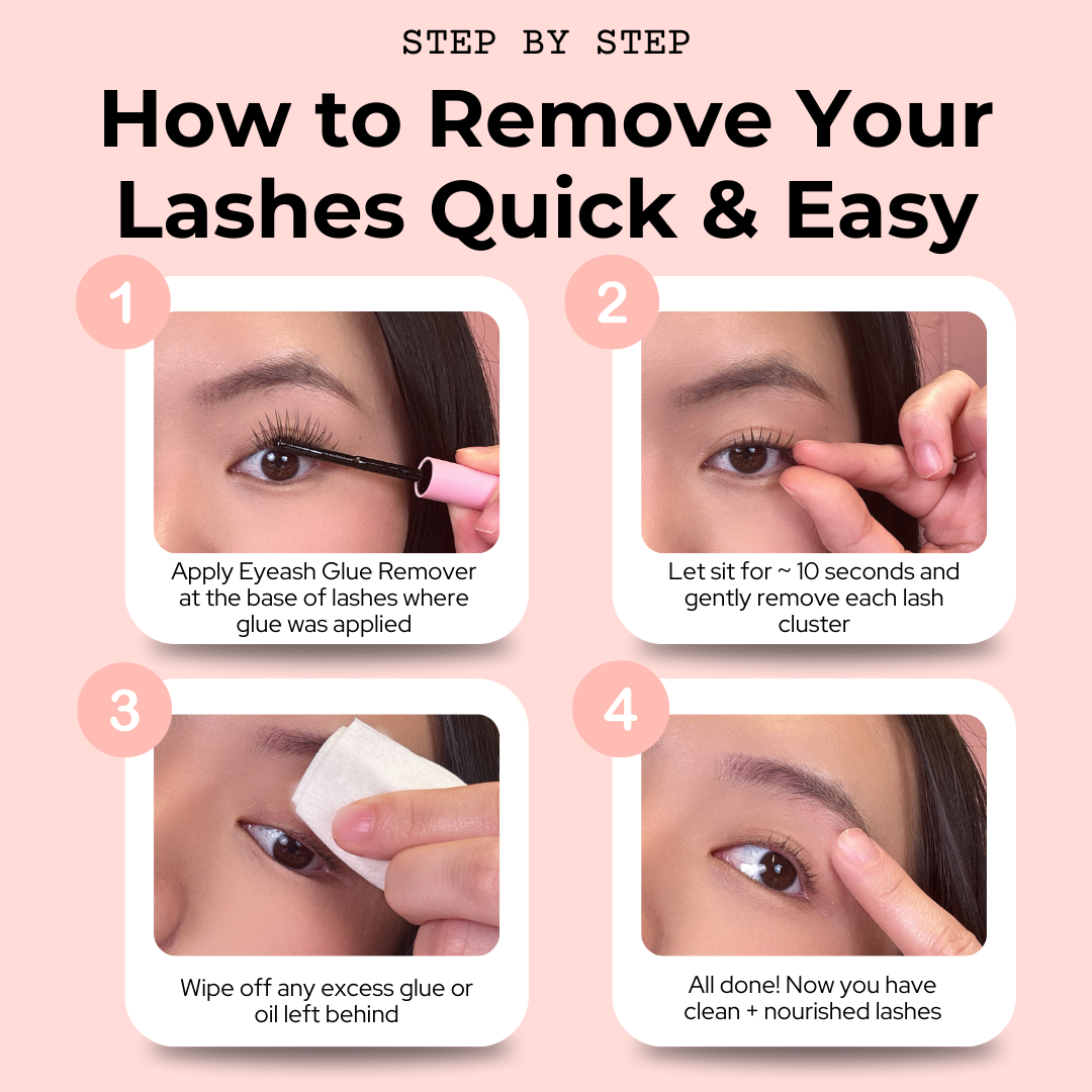 Step-by-step infographic showing how to gently remove Ninetynine Dreams lashes using the Lash Remover. Features clear visuals and instructions for applying the remover, allowing it to sit, and sliding the lashes off without damaging natural lashes. A beginner-friendly guide for safe and easy lash removal.