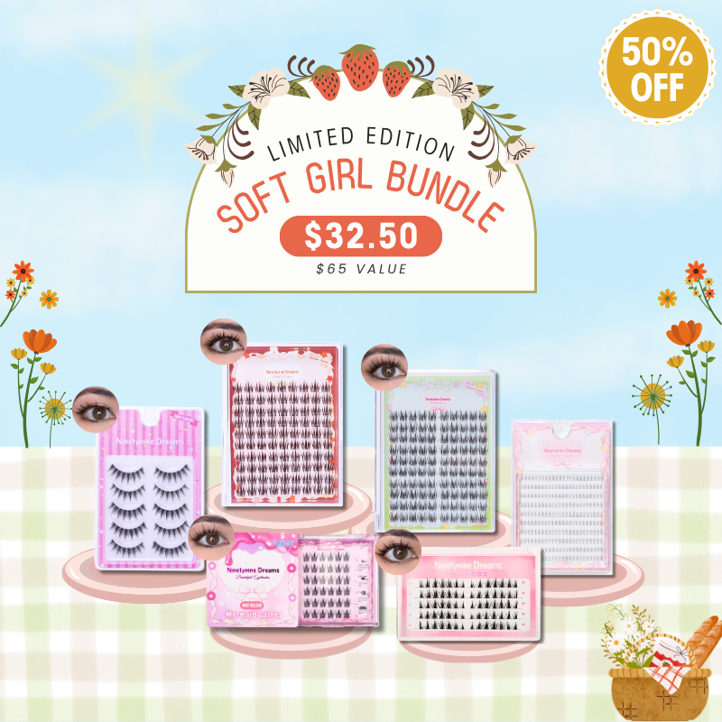 Ninetynine Dreams’ Soft Girl Lash Bundle. Six different lash styles are elegantly displayed on individual podiums, each paired with close-up eye photos showing how the lashes look when worn, highlighting their unique curls, lengths, and styles.