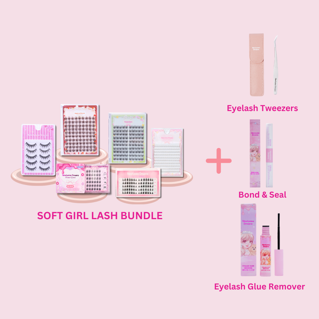 Ninetynine Dreams Soft Girl Lash Bundle featuring all 6 lash styles, along with essential accessories: lash tweezers, Bond and Seal, and lash remover.
