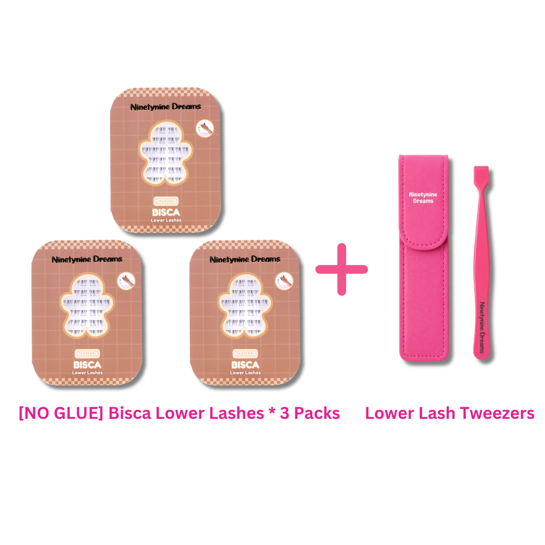 Three-pack bundle of Bisca No Glue Lower Lashes with precision lash tweezers.