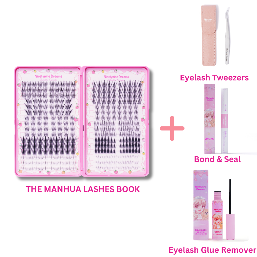 Manhua Lashes Book bundle with lash tweezers, bond and seal adhesive, and lash remover
