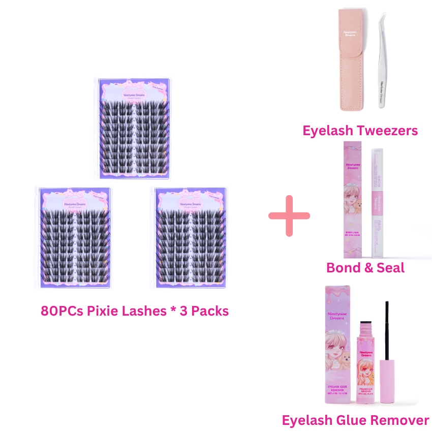 Pixie Lashes 3-pack bundle with bond and seal, tweezers, and lash remover for multiple DIY lash applications.