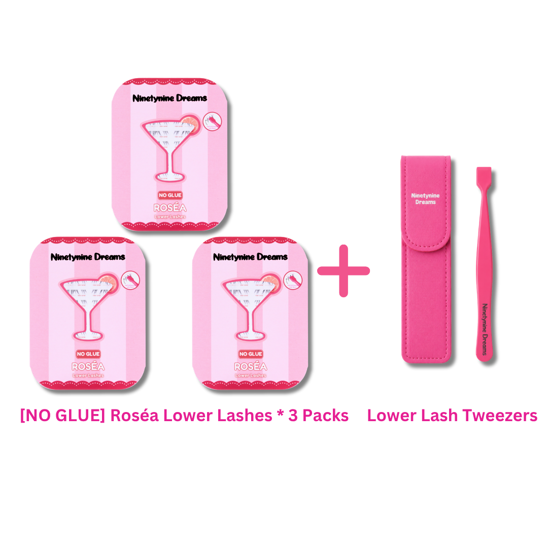 Three-pack bundle of Roséa No Glue Lower Lashes with precision lash tweezers.