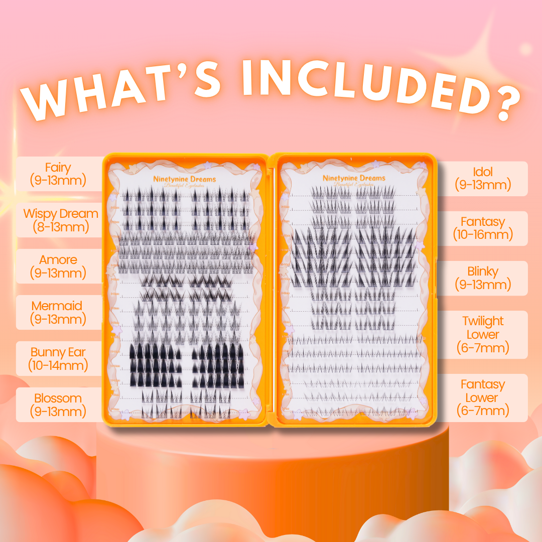 Ninetynine Dreams The Manhua Lashes Book – new limited edition all-in-one lash set featuring 9 upper lash styles and 2 lower lash styles. Includes natural, spiky, and dramatic false eyelash clusters for versatile looks. Graphic with the names and lengths of all the lashes included.