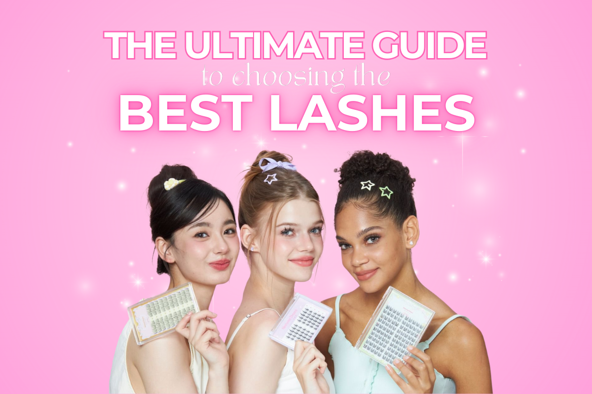 Three girls holding false lashes and wearing the respective styles with text above their head stating the ultimate guide to choosing the best lashes