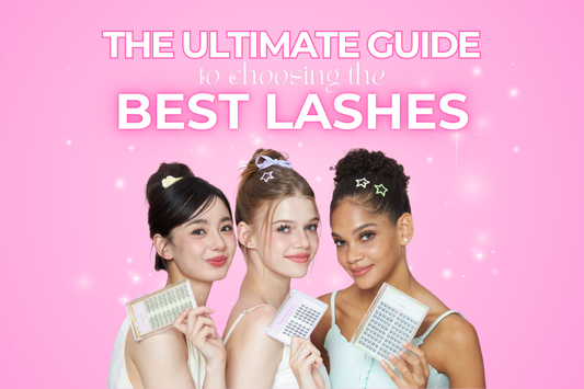 Three girls holding false lashes and wearing the respective styles with text above their head stating the ultimate guide to choosing the best lashes
