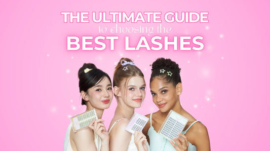 Three girls holding false lashes and wearing the respective styles with text above their head stating the ultimate guide to choosing the best lashes
