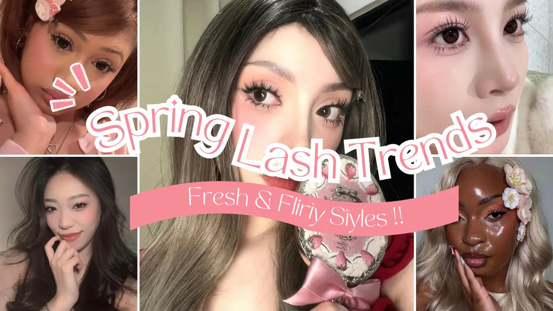 A collage of spring inspired makeup looks with text stating spring lash trends fresh & flirty styles