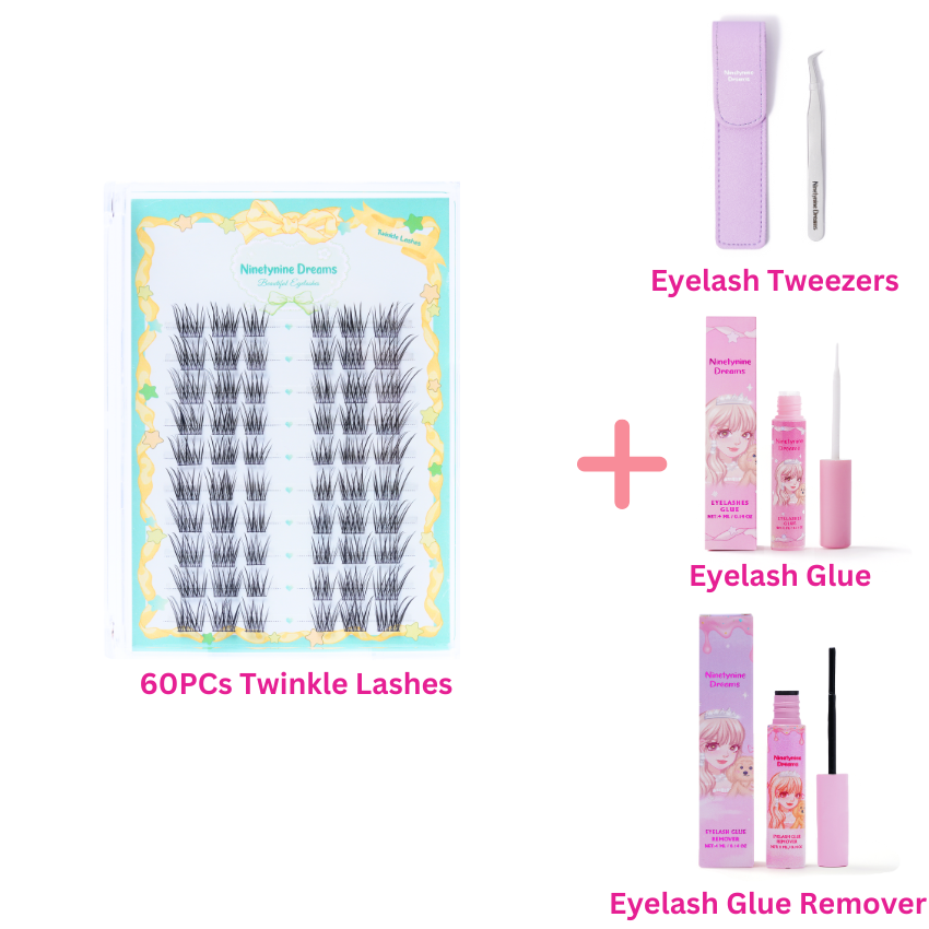 60PCs Twinkle Lashes with Eyelash Tweezers, Eyelash Glue, and Eyelash Glue Remover – Ninetynine Dreams natural cat-eye lash extension kit