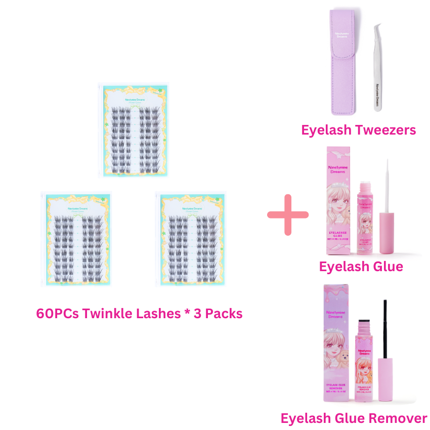 60PCs Twinkle Lashes 3-Pack Bundle with Eyelash Glue, Eyelash Glue Remover, and Eyelash Tweezers – Natural Wispy Cat-Eye Cluster Lash Kit by Ninetynine Dreams
