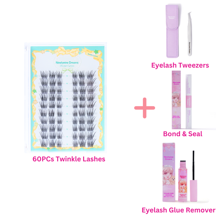 60PCs Twinkle Lashes with Bond & Seal, Eyelash Glue Remover, and Lash Tweezers – Wispy Cat-Eye Cluster Lash Kit by Ninetynine Dreams