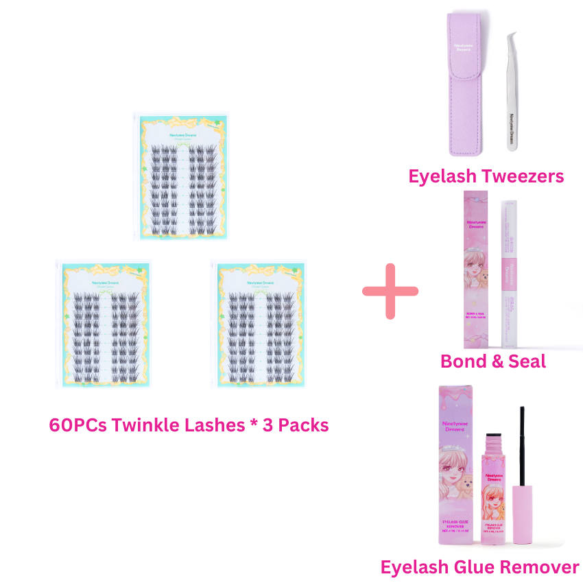 3 Packs of 60PCs Twinkle Lashes with Lash Tweezers, Bond & Seal, and Eyelash Glue Remover – Wispy Cat-Eye DIY Lash Extension Kit by Ninetynine Dreams