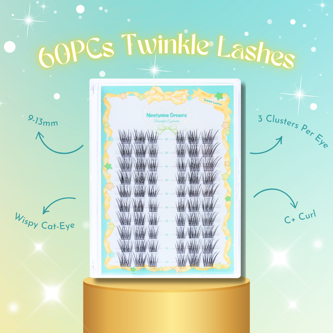 60PC Ninetynine Dreams Twinkle Lashes graphic featuring wispy cat-eye cluster lashes with C+ curl, 9–13mm length