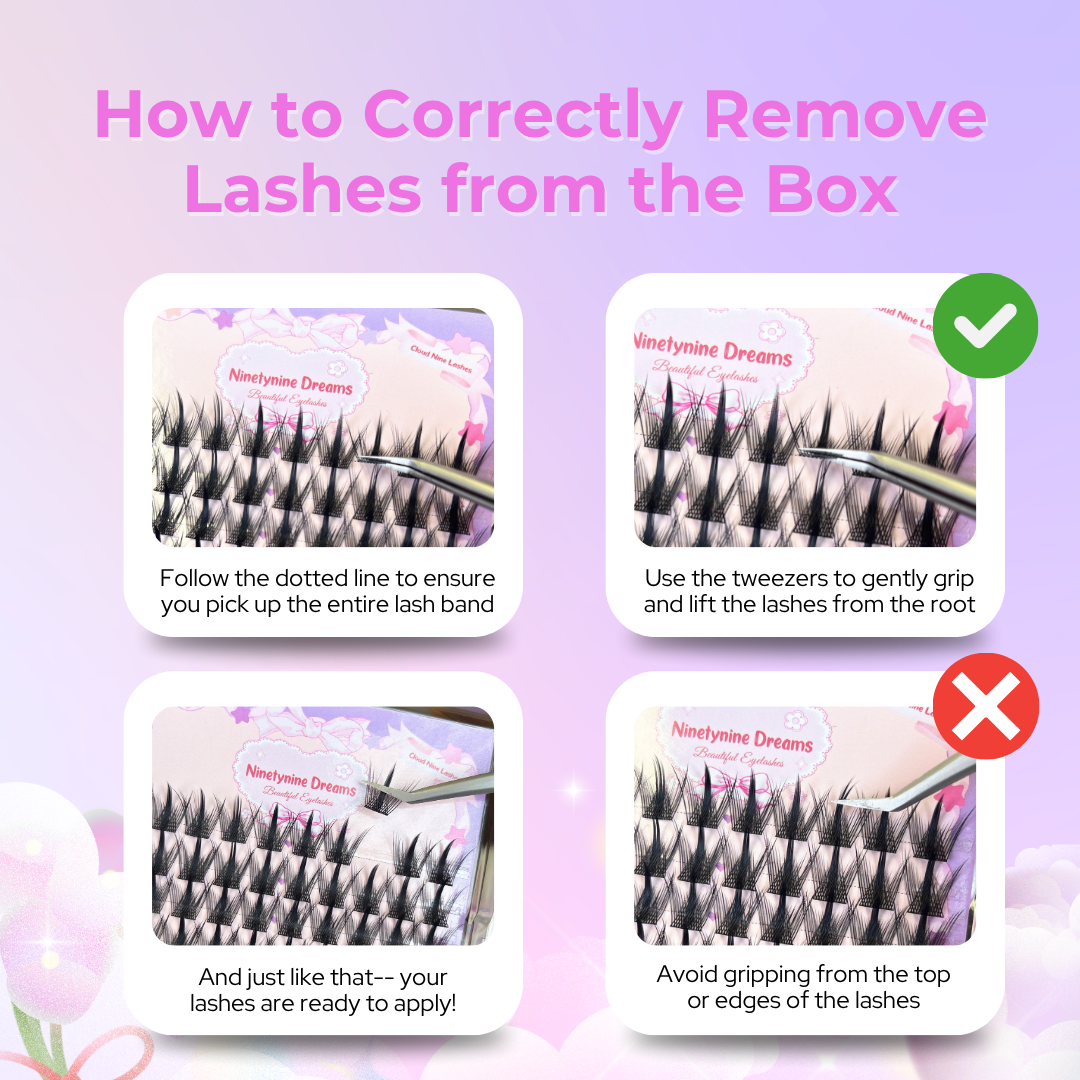 Step-by-step guide on how to correctly remove Ninetynine Dreams lashes from the box using tweezers, with do’s and don’ts for lash removal