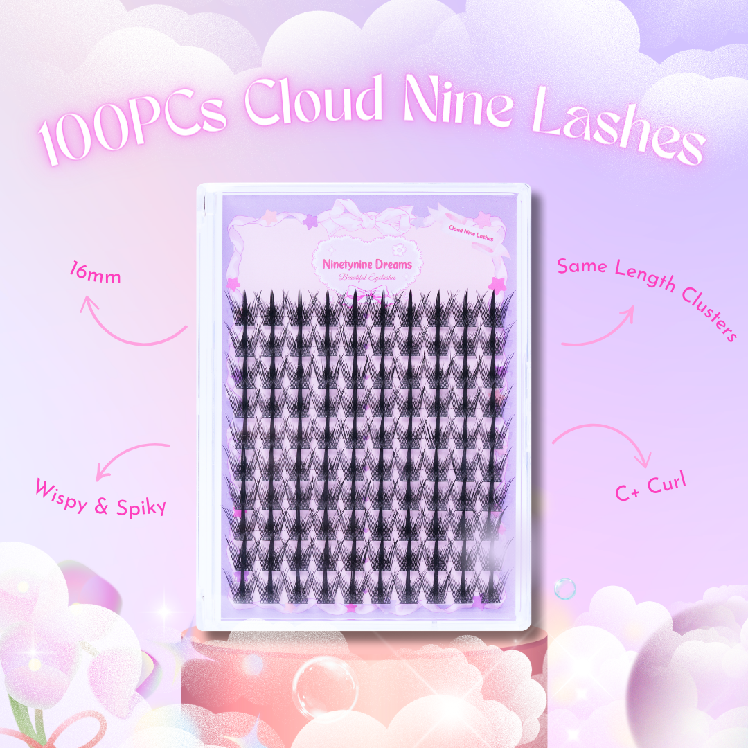 Ninetynine Dreams Cloud Nine Lashes – 100-piece 16mm C+ curl individual lash clusters, wispy and spiky style in pastel pink packaging