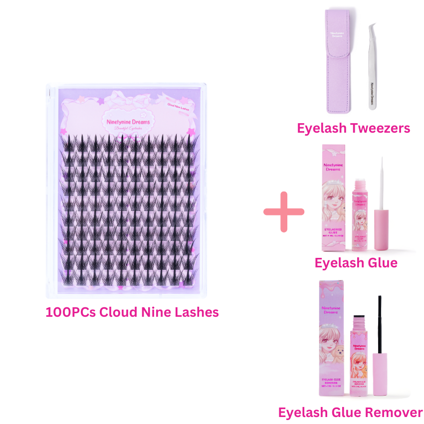 Ninetynine Dreams Cloud Nine Lashes 100-piece set with eyelash tweezers, eyelash glue, and eyelash glue remover bundle