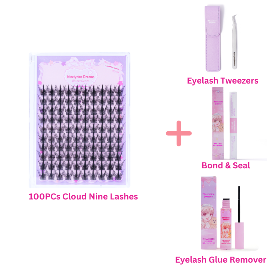 Ninetynine Dreams Cloud Nine Lashes set with 100 clusters, eyelash tweezers, Bond & Seal adhesive, and lash glue remover
