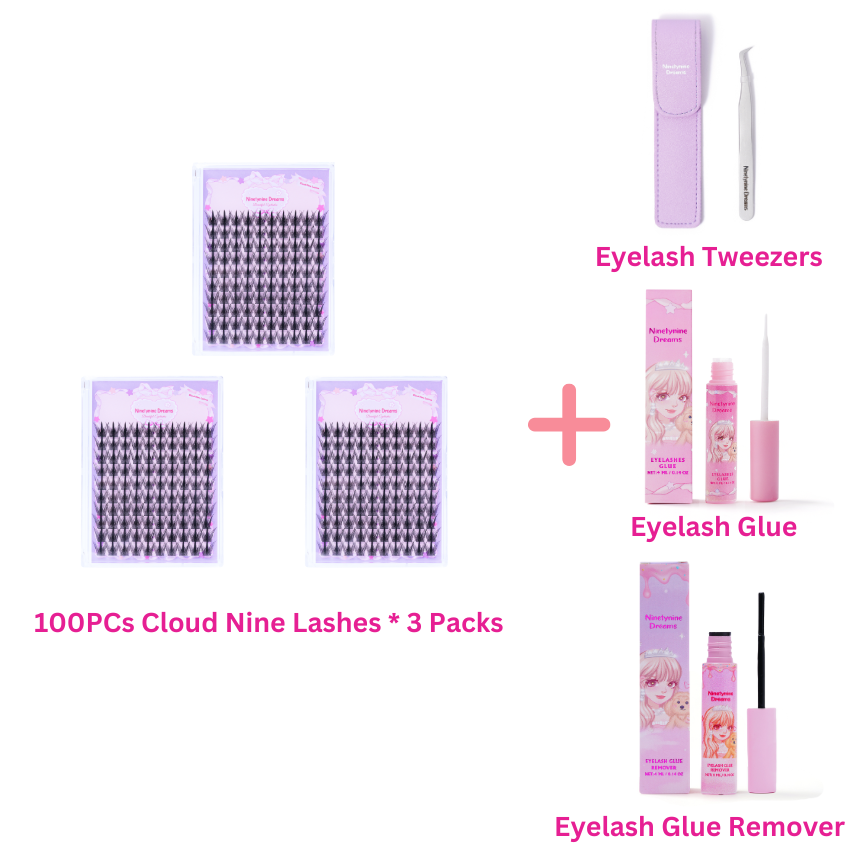 Ninetynine Dreams bundle with 3 packs of Cloud Nine Lashes, eyelash tweezers, eyelash glue, and eyelash glue remover