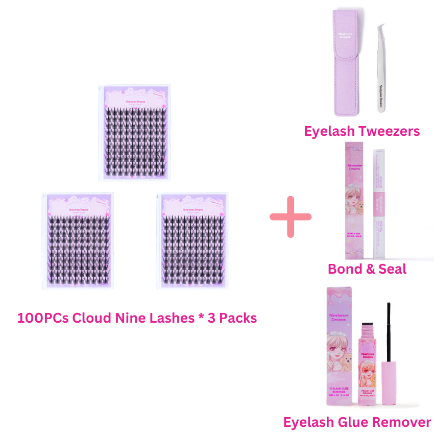 Ninetynine Dreams Cloud Nine Lashes 3-pack set with Bond & Seal adhesive, eyelash glue remover, and lash tweezers