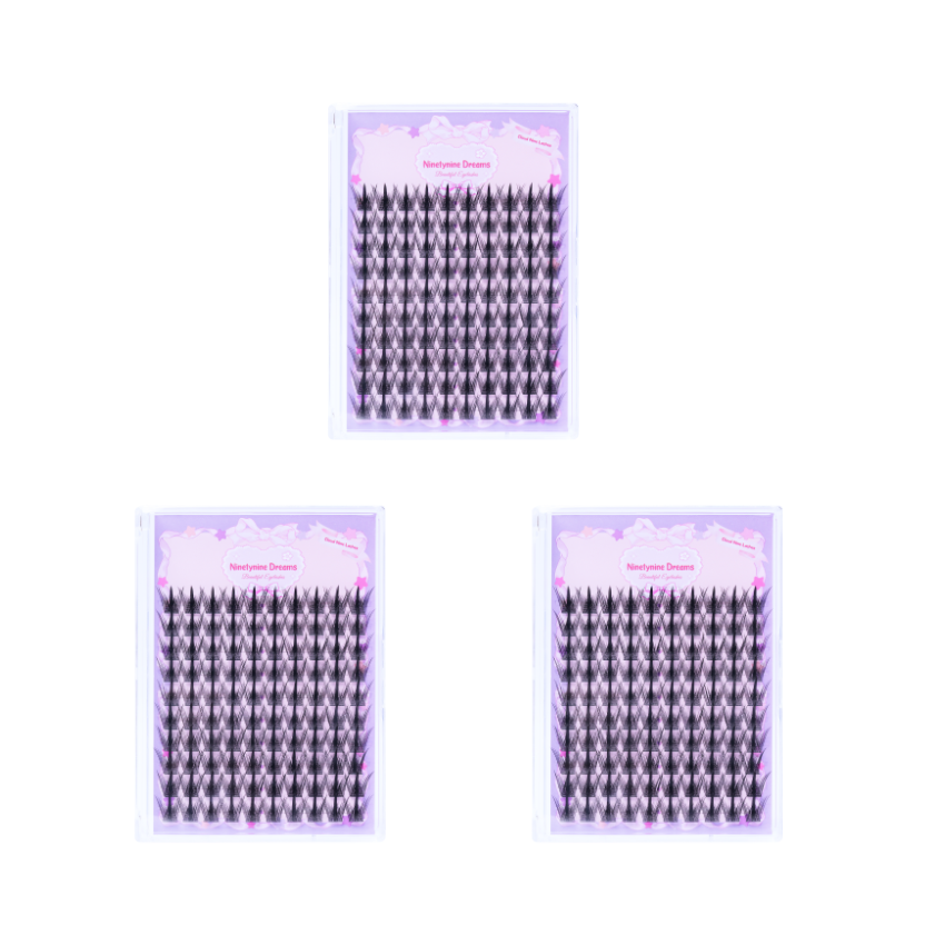 Three boxes of Ninetynine Dreams Cloud Nine individual lash clusters arranged on white background