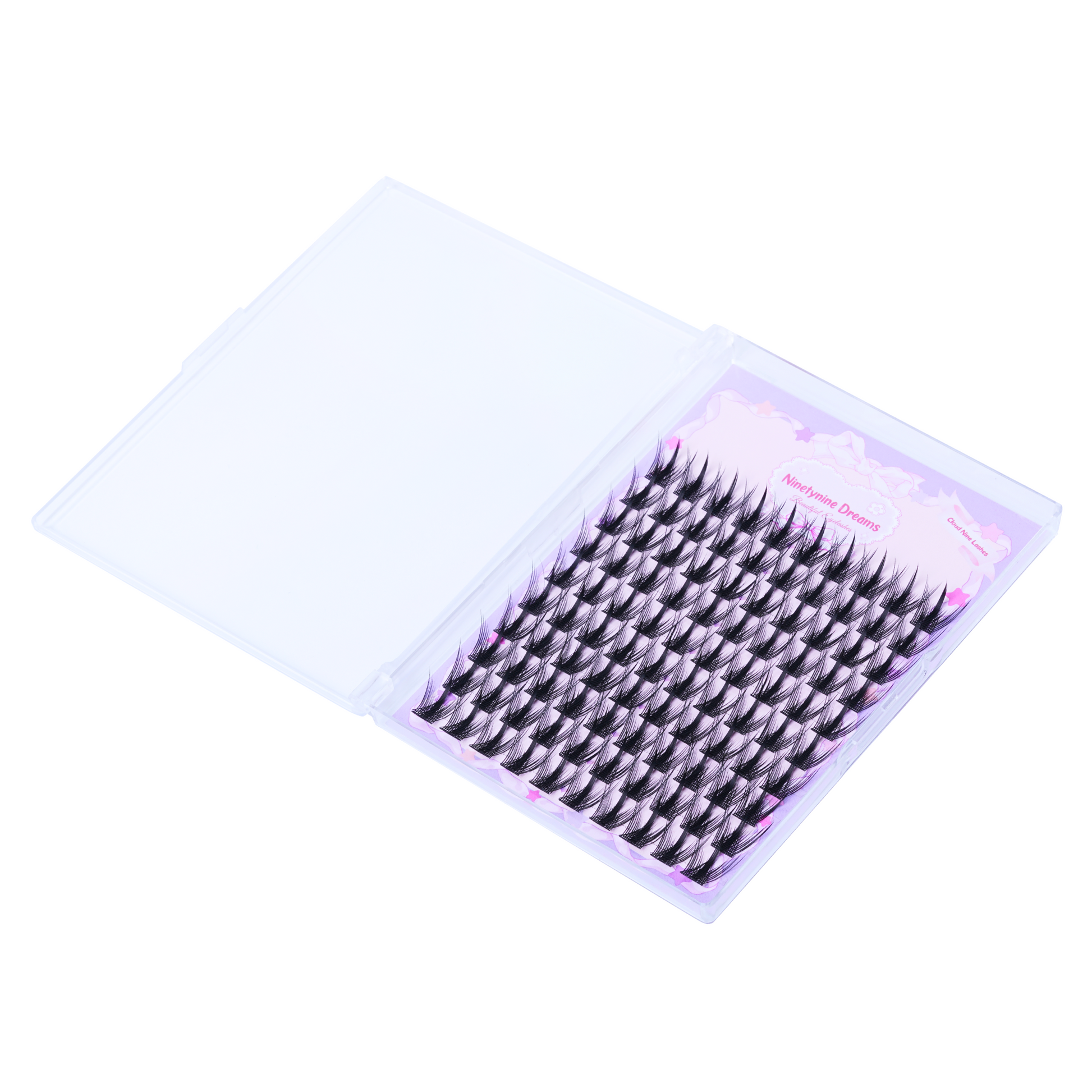 Ninetynine Dreams Cloud Nine Lashes – open box of 100 black individual cluster lashes with pink pastel backing