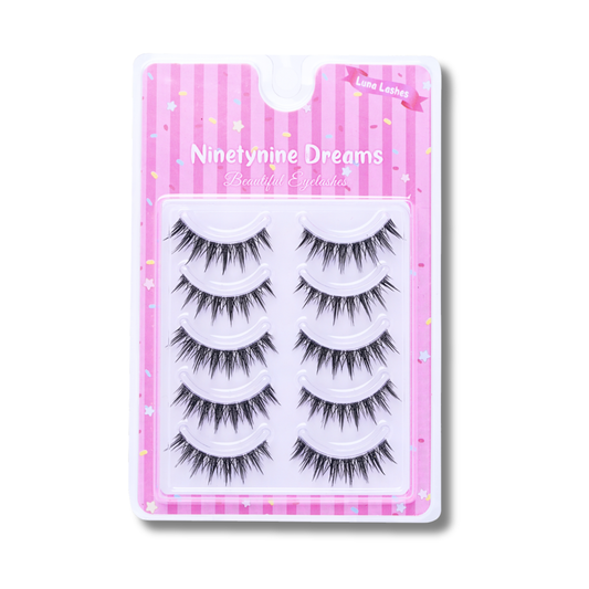Front view of the Luna Lashes 5 Pairs Set, showcasing a neatly arranged collection of voluminous, wispy lashes in a sleek, minimalist packaging designed for effortless glam and everyday elegance.