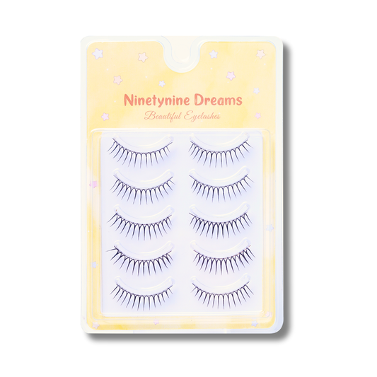 Front view of Ninetynine Dreams 5 Pairs idol Strip Lashes, showcasing the spiky, natural lash design with a soft C+ curl and varying lengths for a K-pop inspired eye look.