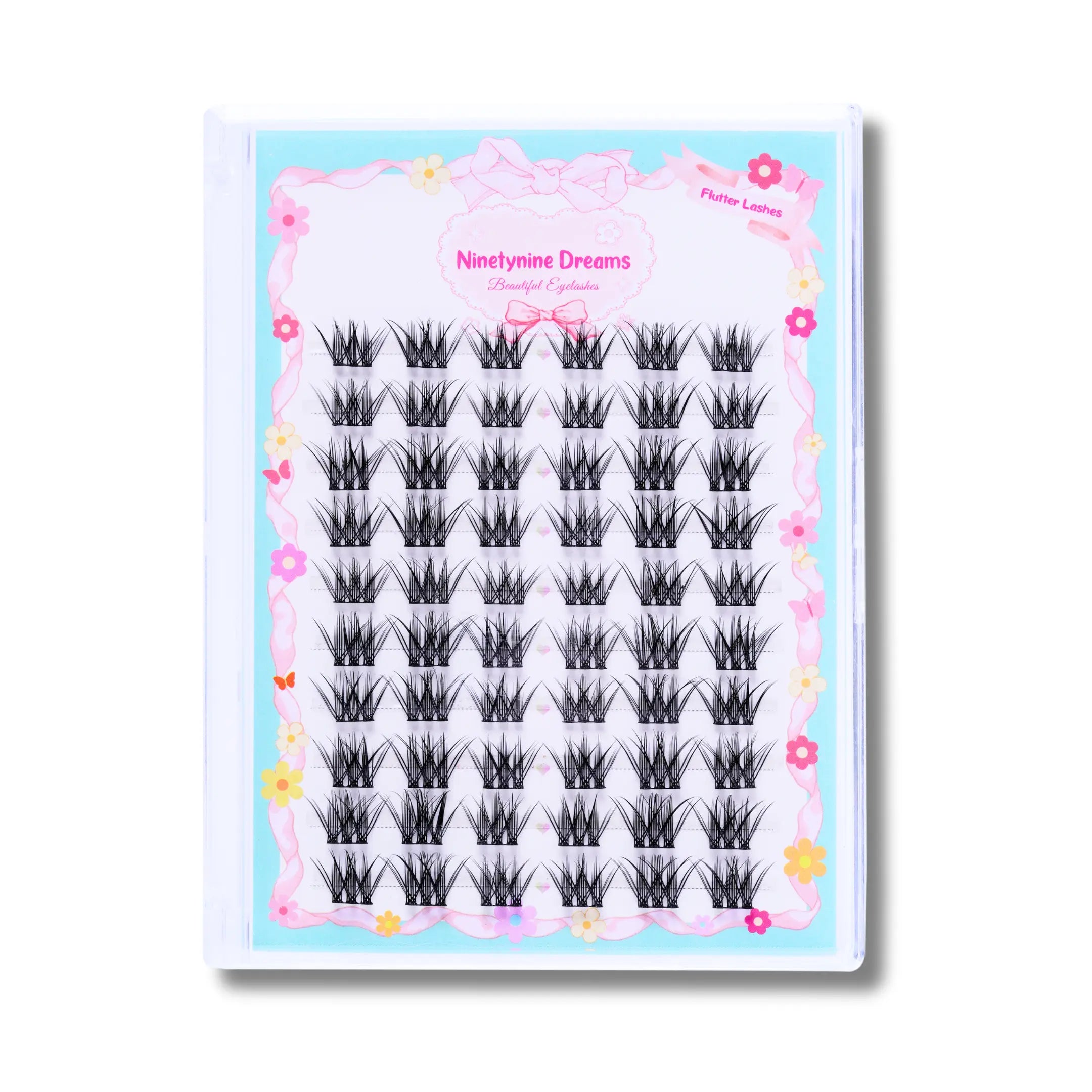 A front view of the Ninetynine Dreams 60PCs Flutter Lashes packaging. The lashes are delicately arranged to showcase their soft, wispy design, perfect for creating a natural yet voluminous eye look. The packaging highlights the premium quality and lightweight feel of these synthetic lashes, designed for effortless application and all-day comfort.