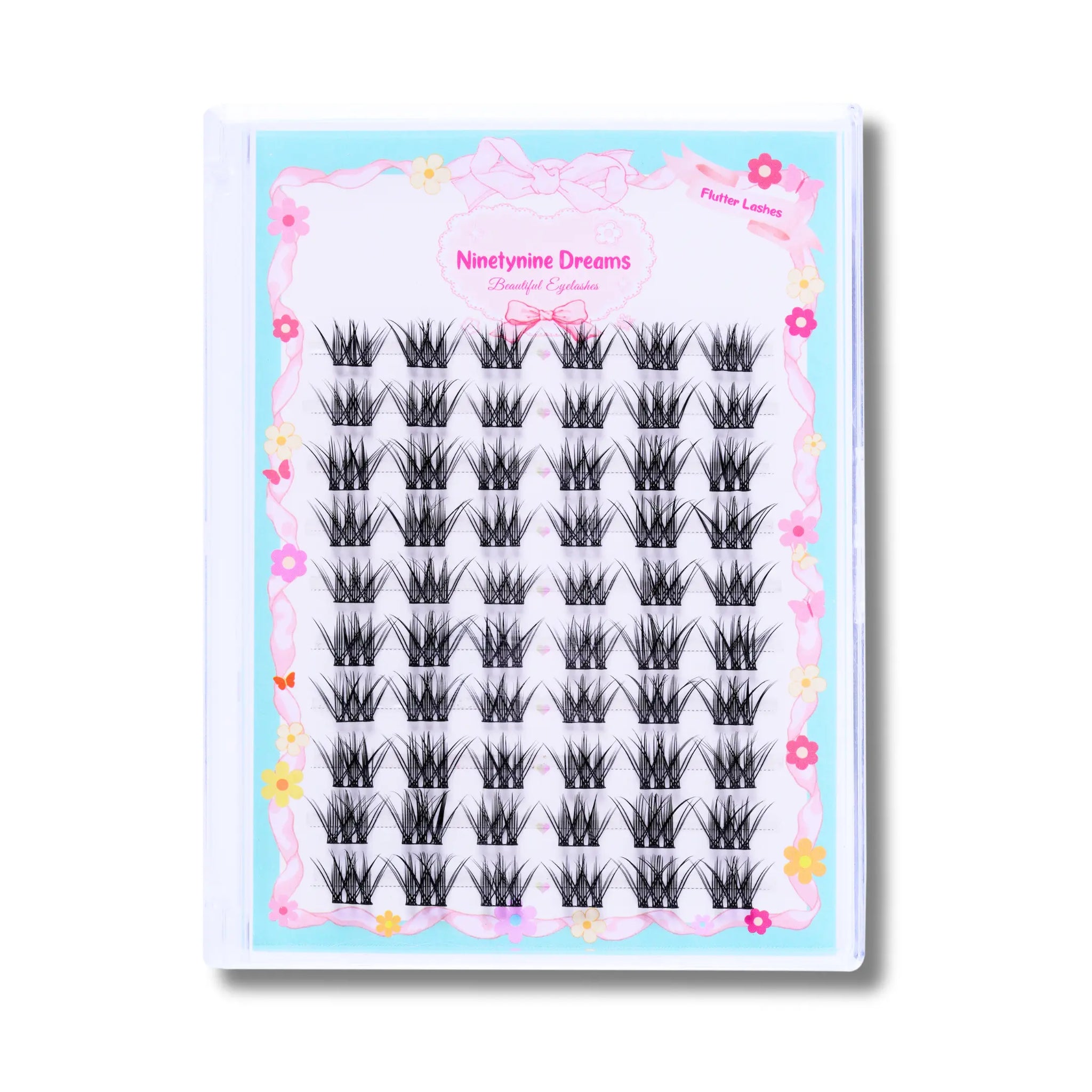 A front view of the Ninetynine Dreams 60PCs Flutter Lashes packaging. The lashes are delicately arranged to showcase their soft, wispy design, perfect for creating a natural yet voluminous eye look. The packaging highlights the premium quality and lightweight feel of these synthetic lashes, designed for effortless application and all-day comfort.