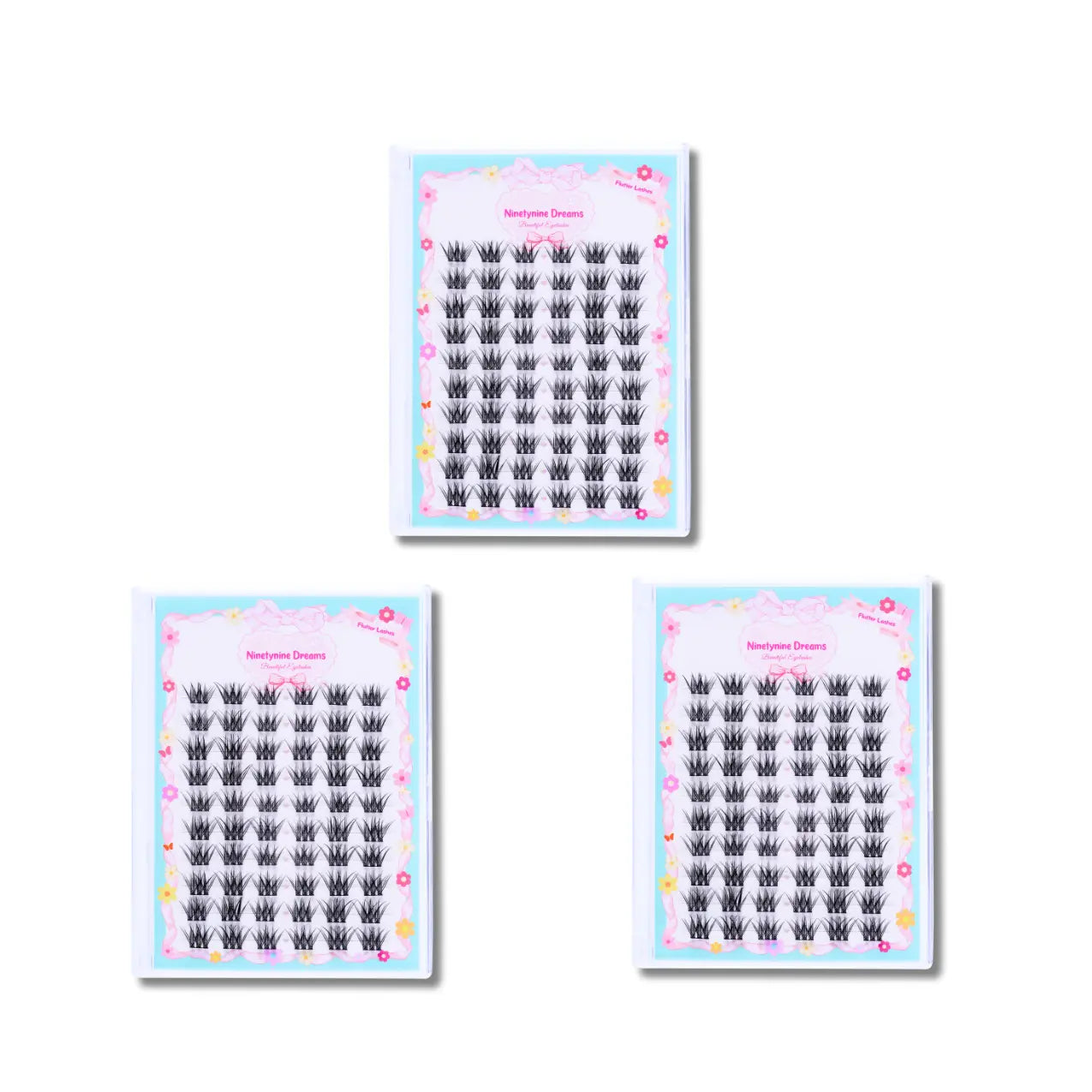A set of three packs of 60PCs Flutter Lashes from Ninetynine Dreams, neatly displayed to showcase their premium packaging and wispy lash design. Each pack contains delicate, voluminous lash clusters designed for a natural yet enhanced look. The arrangement highlights the versatility and value of the multi-pack, perfect for lash lovers seeking effortless beauty.