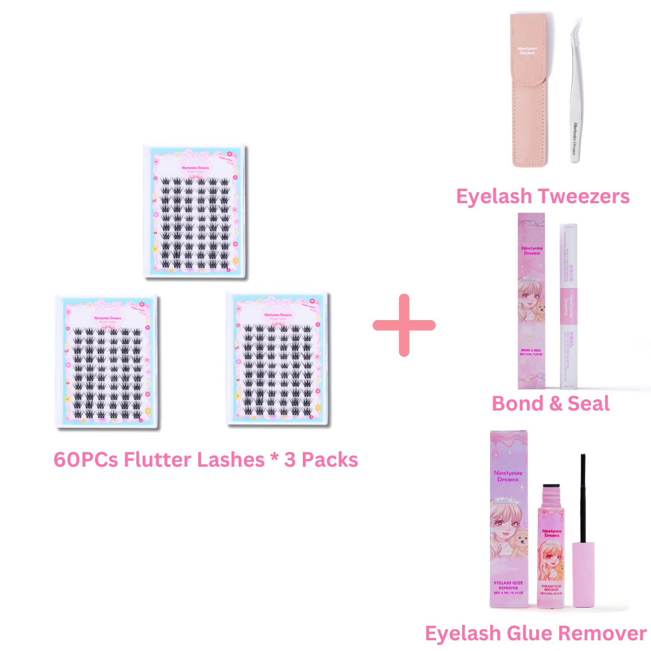 A set of three packs of 60PCs Flutter Lashes from Ninetynine Dreams, displayed with essential lash accessories: tweezers for precise application, Bond & Seal for long-lasting wear, and lash remover for gentle removal. The arrangement highlights a complete lash kit, perfect for achieving a voluminous, fluttery look with effortless application, secure hold, and easy maintenance.