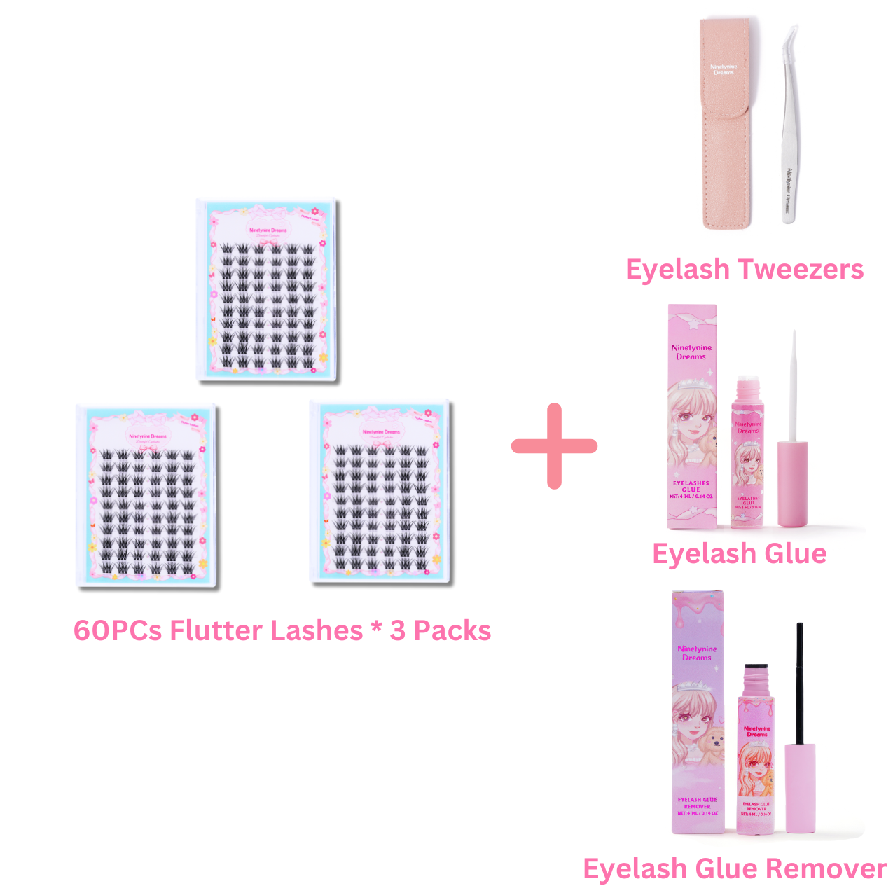 A set of three packs of 60PCs Flutter Lashes from Ninetynine Dreams, displayed with essential lash accessories: tweezers for precise application, lash glue for secure hold, and lash remover for easy removal. The arrangement highlights a complete lash kit, perfect for achieving a natural yet voluminous look with effortless application and care.