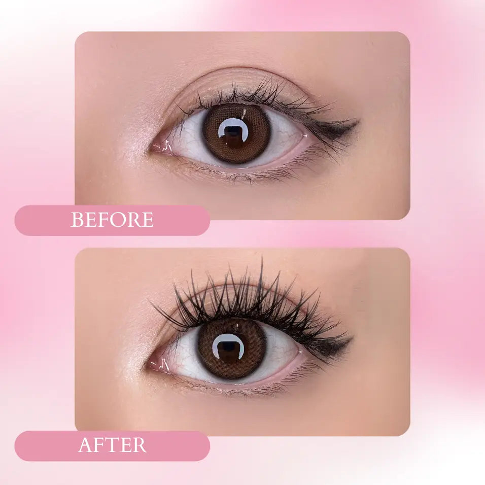 A before-and-after comparison of the 60PCs Flutter Lashes from Ninetynine Dreams. On the left, the 