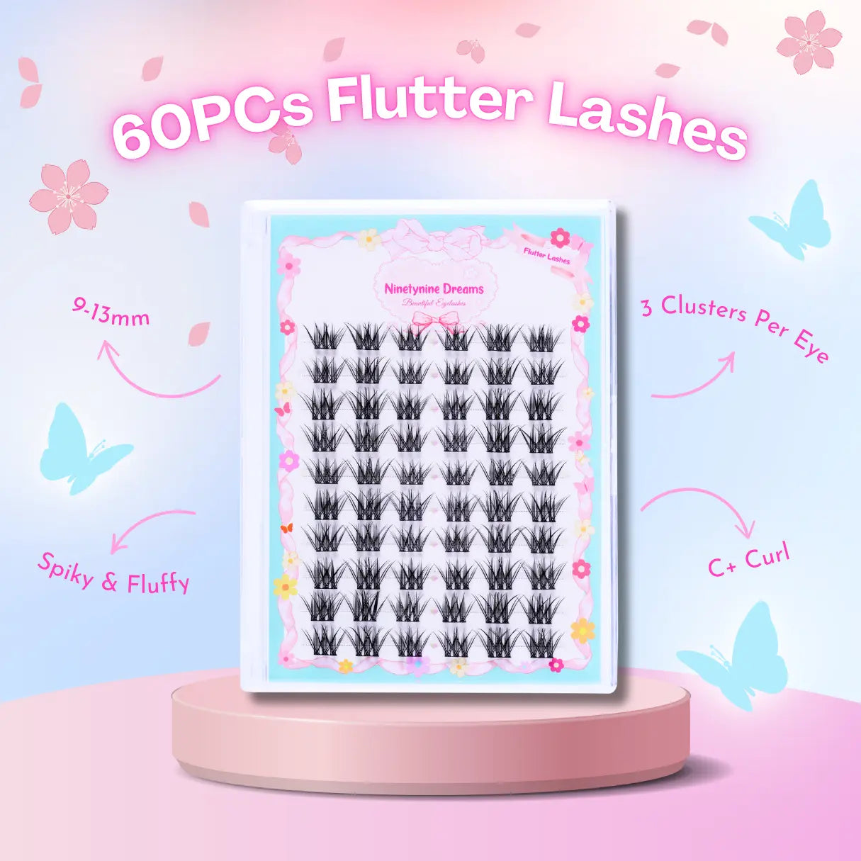 An infographic featuring the 60PCs Flutter Lashes from Ninetynine Dreams. The lashes are displayed on a sleek podium against a vibrant spring blue background. Arrows point to key product details, highlighting their wispy, voluminous design, lightweight feel, and comfortable wear. The layout is bright and engaging, emphasizing the lashes’ effortless application and premium quality.
