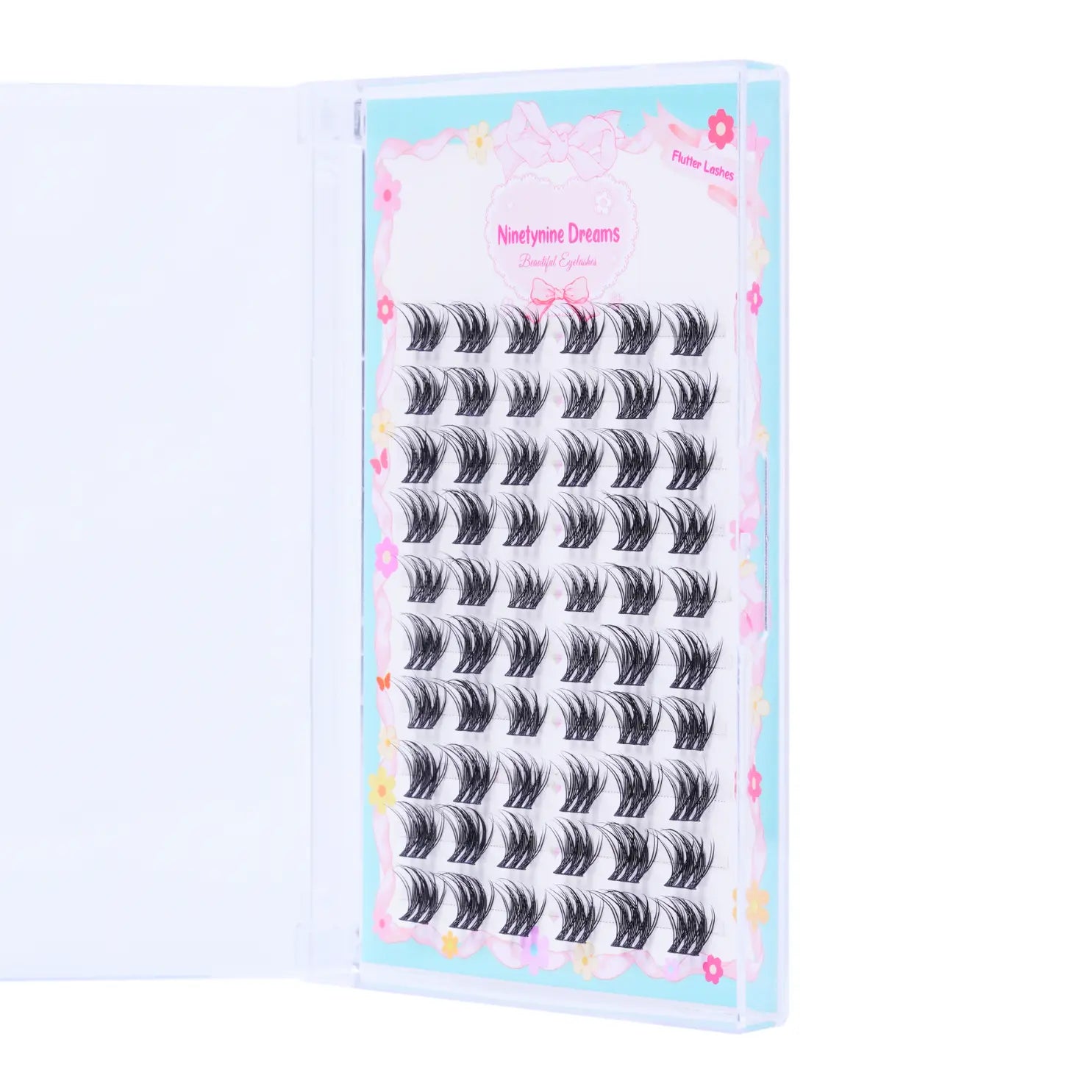 A side view of the 60PCs Flutter Lashes from Ninetynine Dreams, showcasing their natural curl and layered, wispy design. The lashes gently fan out, highlighting their lightweight, voluminous effect. This angle emphasizes the soft lift and flexible band, perfect for a seamless blend with natural lashes.